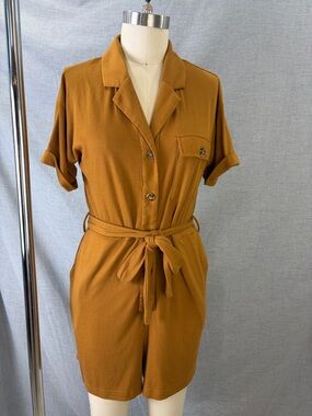 FRNCH Paris Camel Ribbed Belted Short Sleeve Romper Notch Collar XS